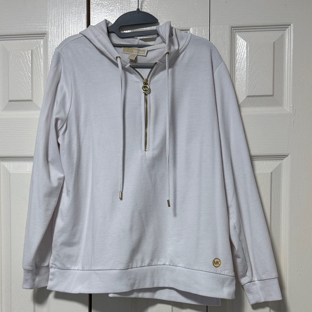 Michael Kors White Hoodie Varsity Jacket with Gold Accents